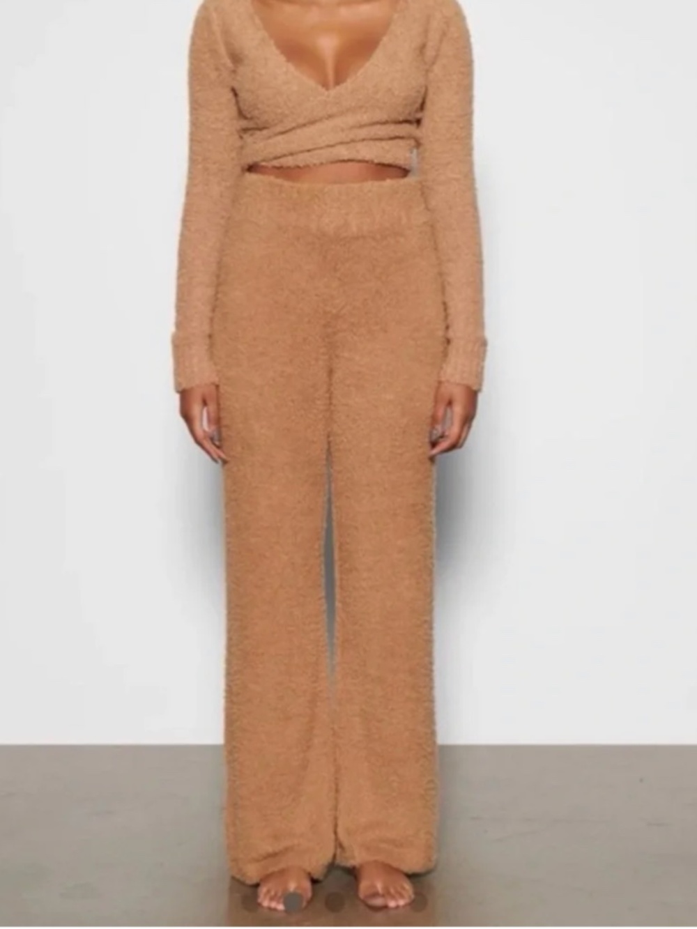 SKIMS Cozy Teddy Wide Leg Stretch Waist Pull On Pants in Camel Tan Size L/Xl